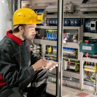 Contemporary young engineer in workwear and hardhat scrolling through data in tablet while squatting by one of industrial machines